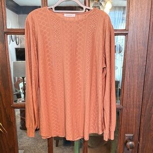 Fantaslook Womens 2XL Terracotta Eyelet Embroidery Long Sleeve Crew Neck Top